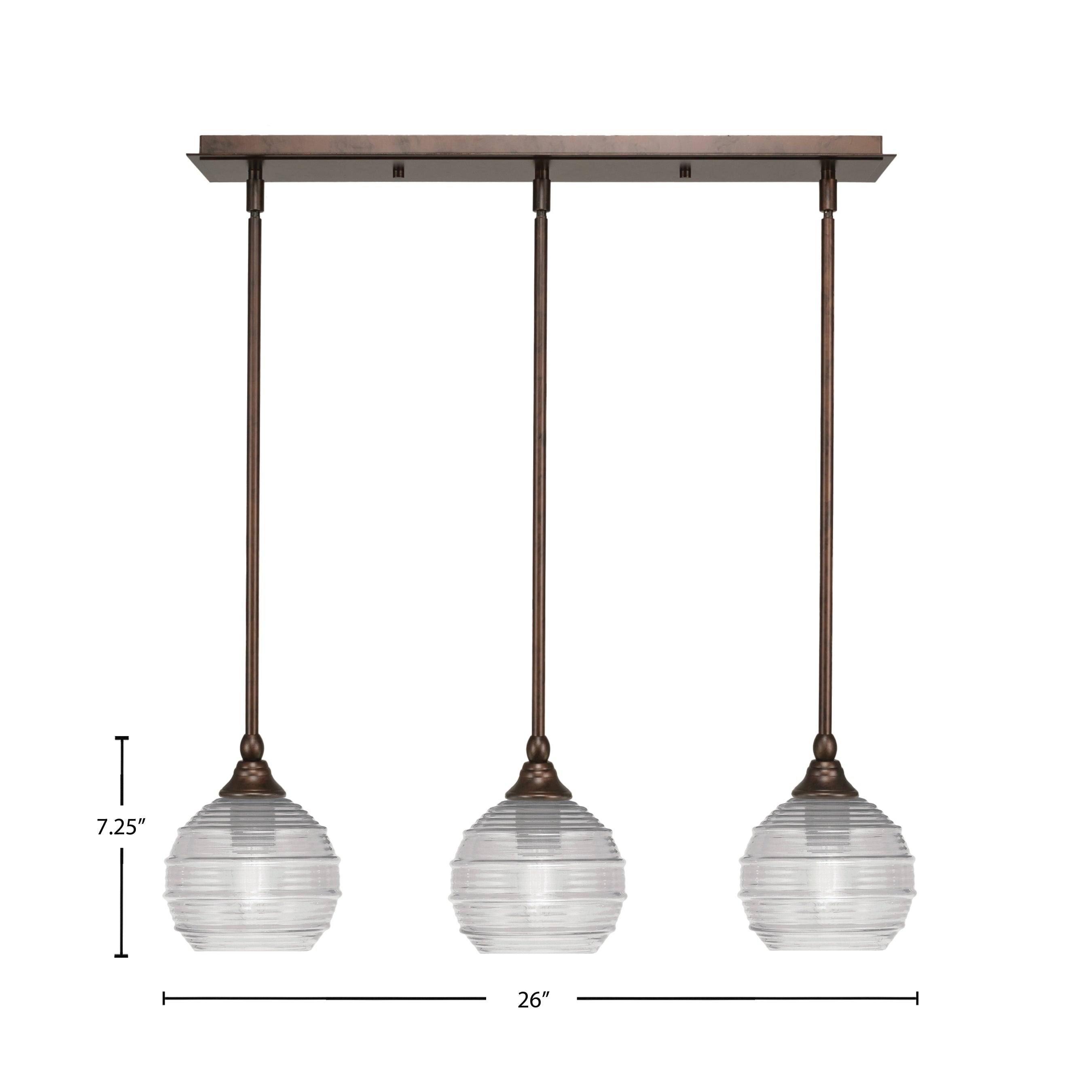 Stem Three Light Linear Pendalier in Bronze with Clear Ribbed Shade