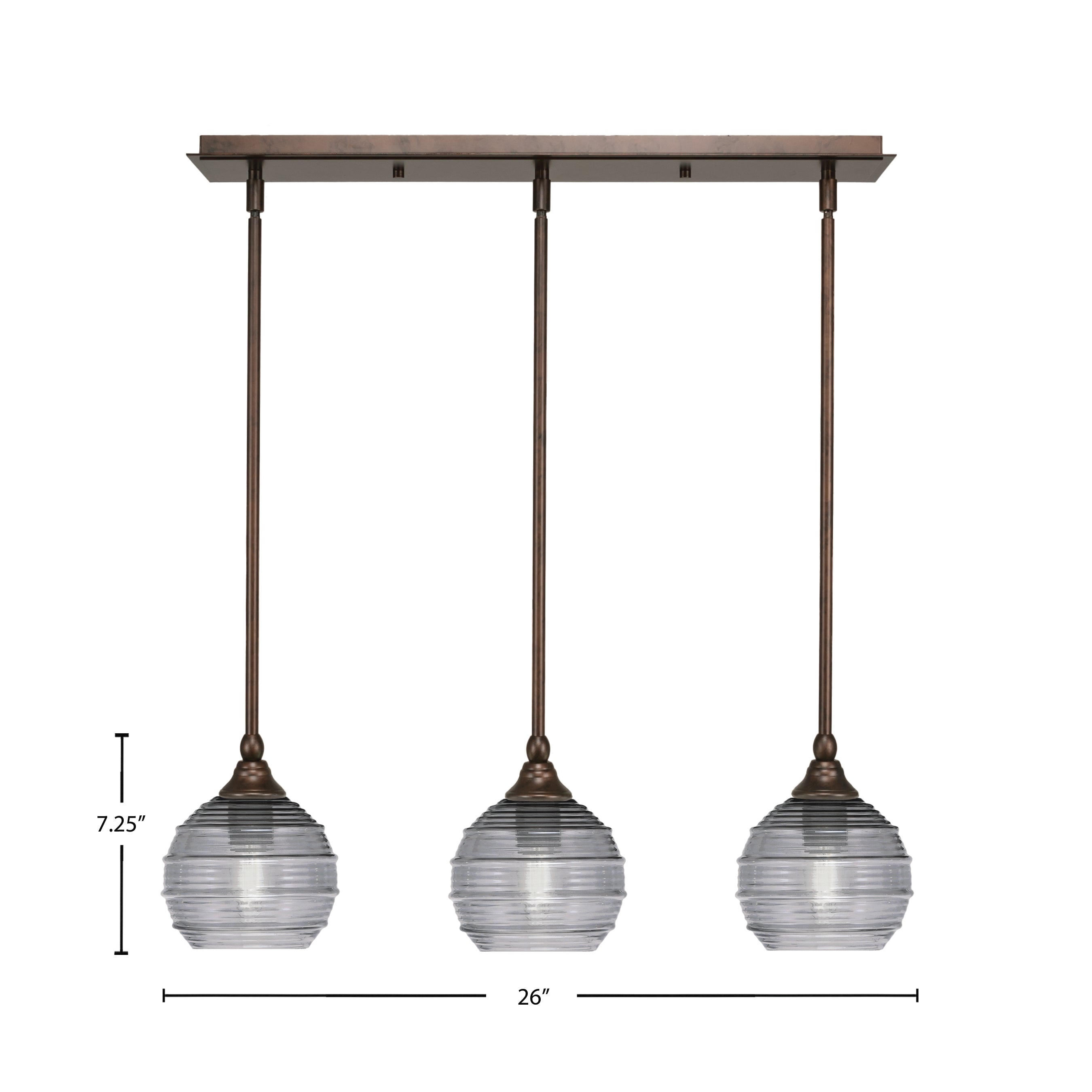 Stem Three Light Linear Pendalier in Bronze with Smoke Ribbed Shade