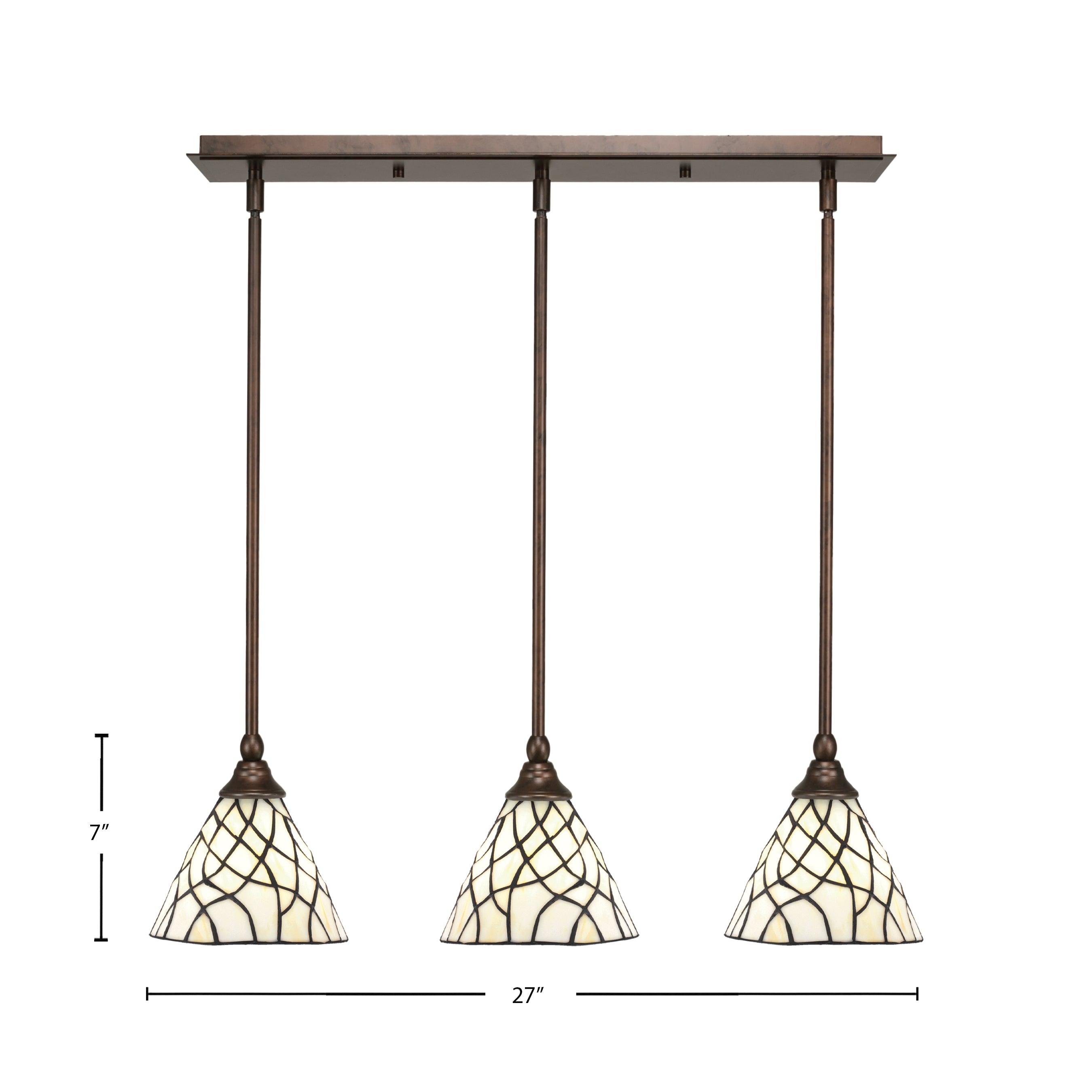 Any Three Light Linear Pendalier in Bronze with 7" Sandhill Art Glass Shade