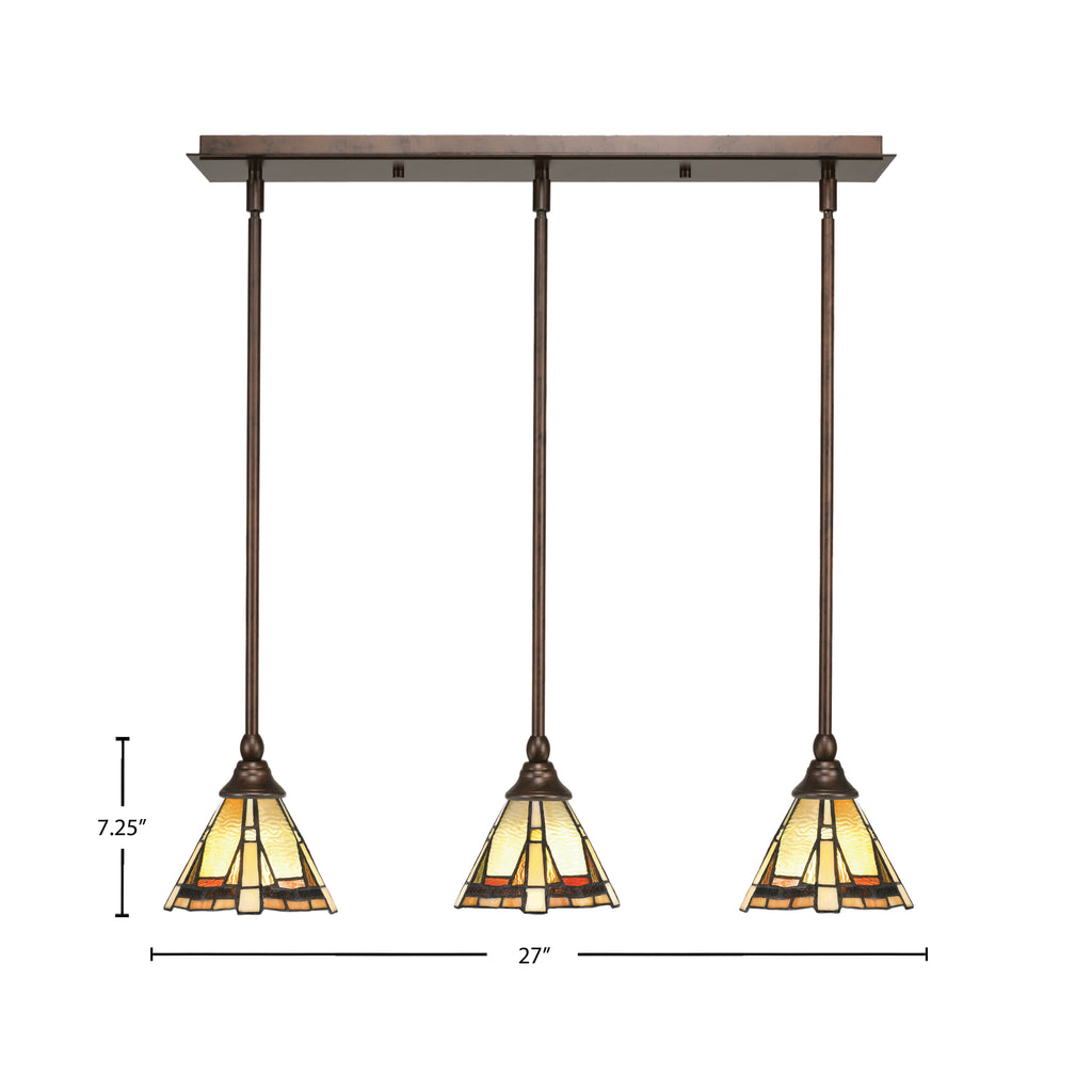 Stem Three Light Linear Pendalier in Bronze with Zion Art Glass Shade