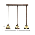Stem Three Light Linear Pendalier in Bronze with Zion Art Glass Shade