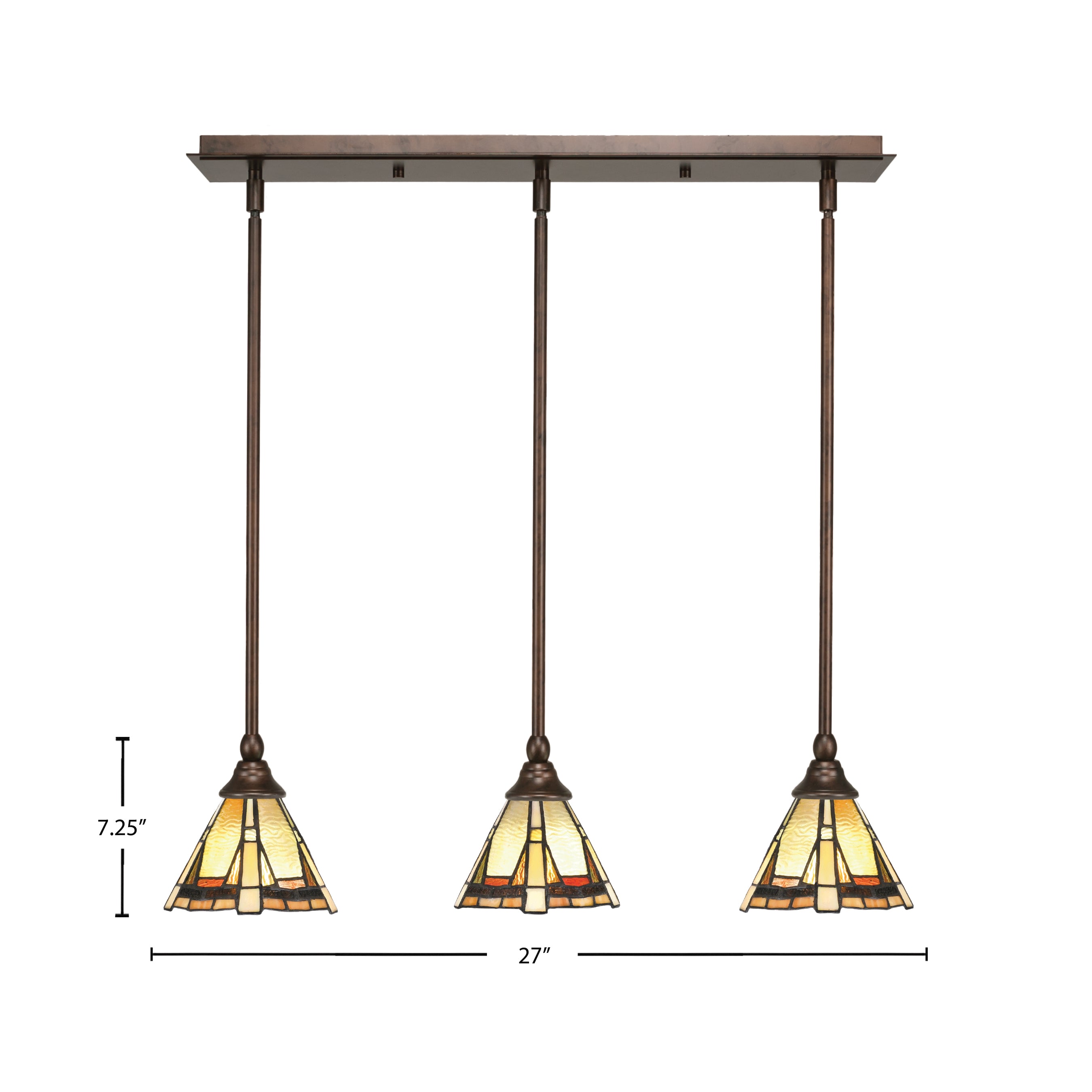Stem Three Light Linear Pendalier in Bronze with Zion Art Glass Shade