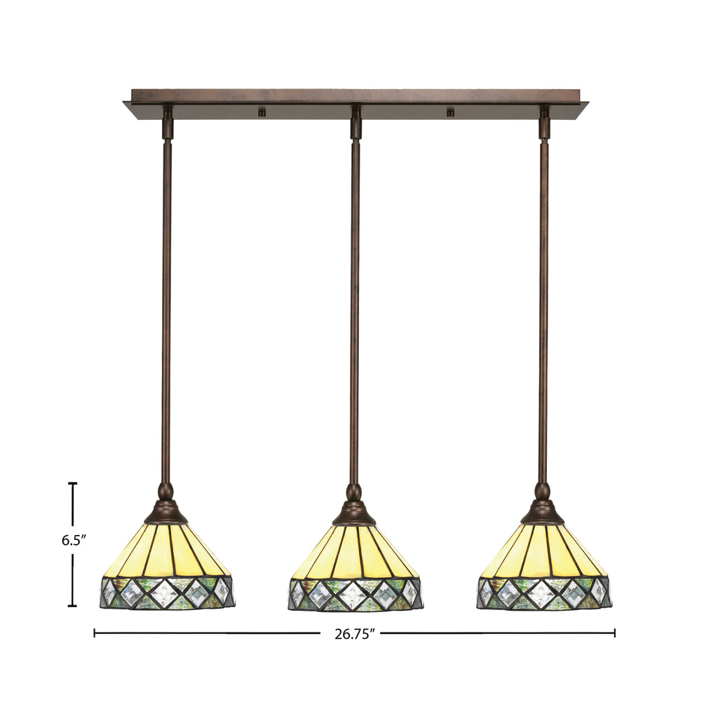 Stem Three Light Linear Pendalier in Bronze with Diamond Peak Glass Shade