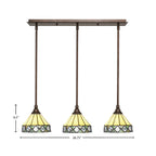 Stem Three Light Linear Pendalier in Bronze with Diamond Peak Glass Shade