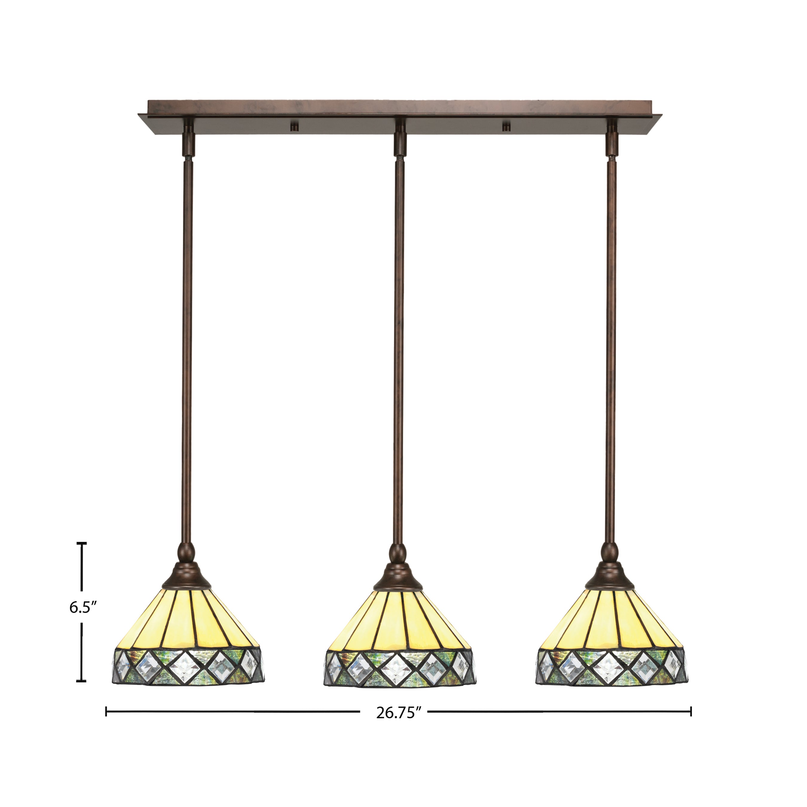 Stem Three Light Linear Pendalier in Bronze with Diamond Peak Glass Shade