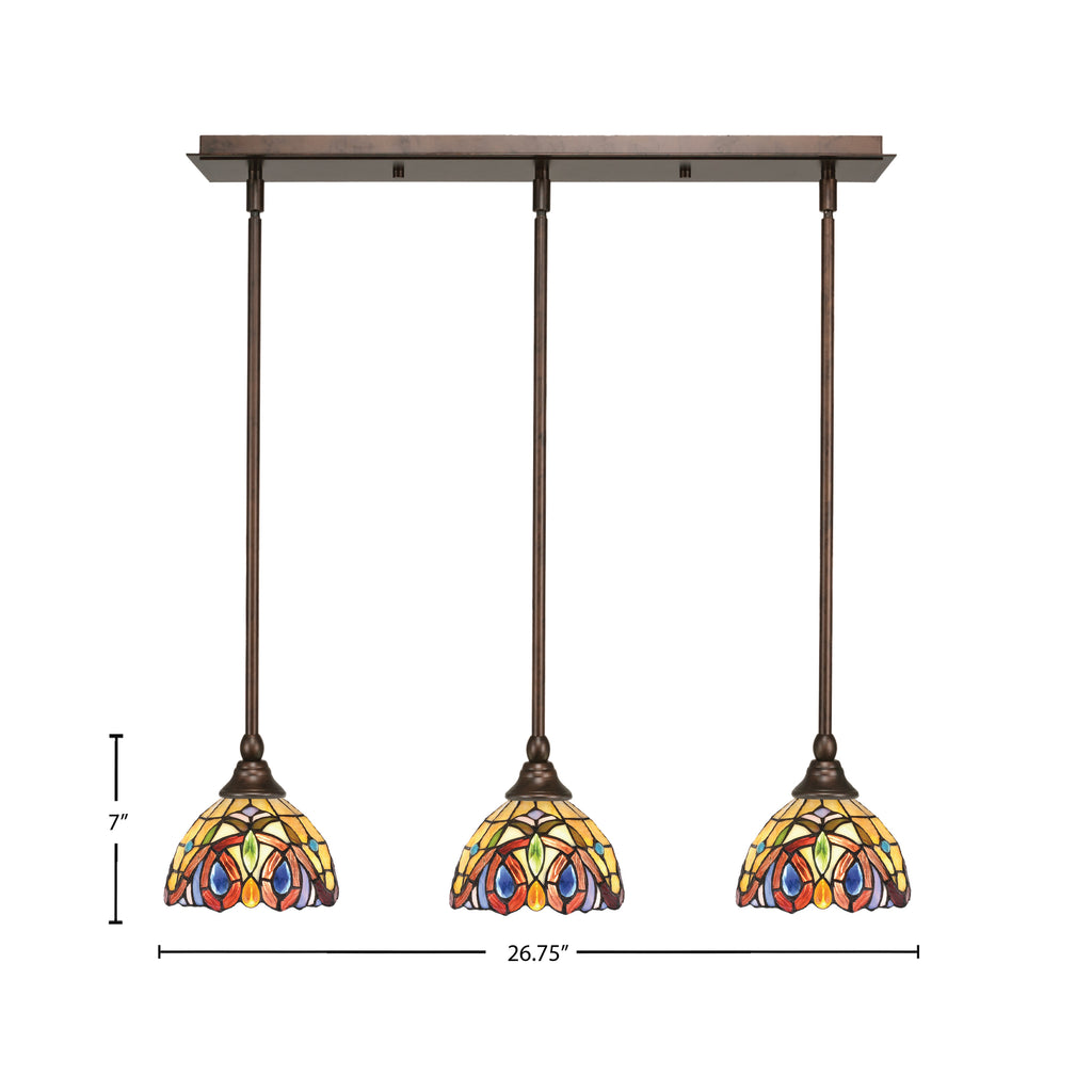 Stem Three Light Linear Pendalier in Bronze with Lynx Art Glass Shade