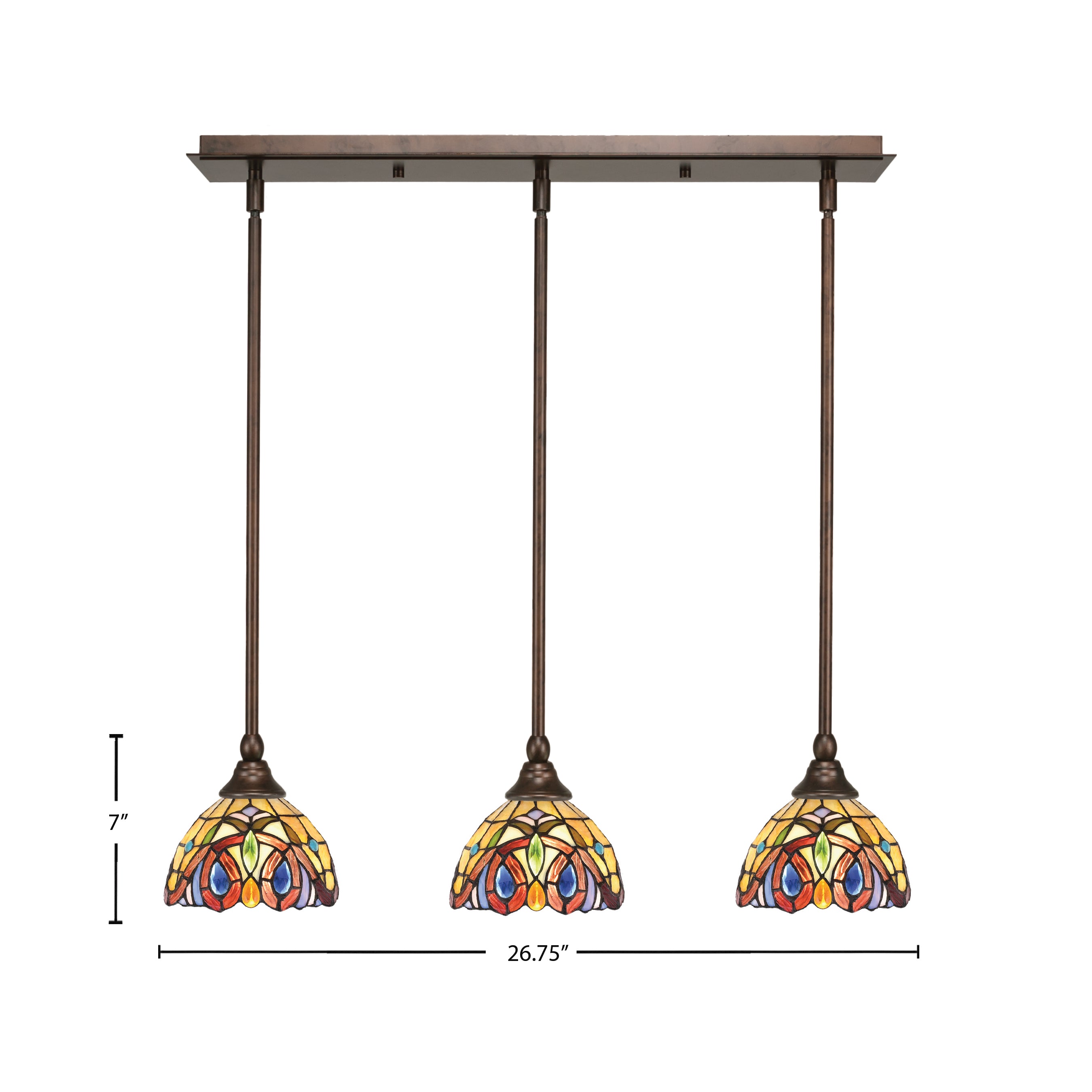 Stem Three Light Linear Pendalier in Bronze with Lynx Art Glass Shade