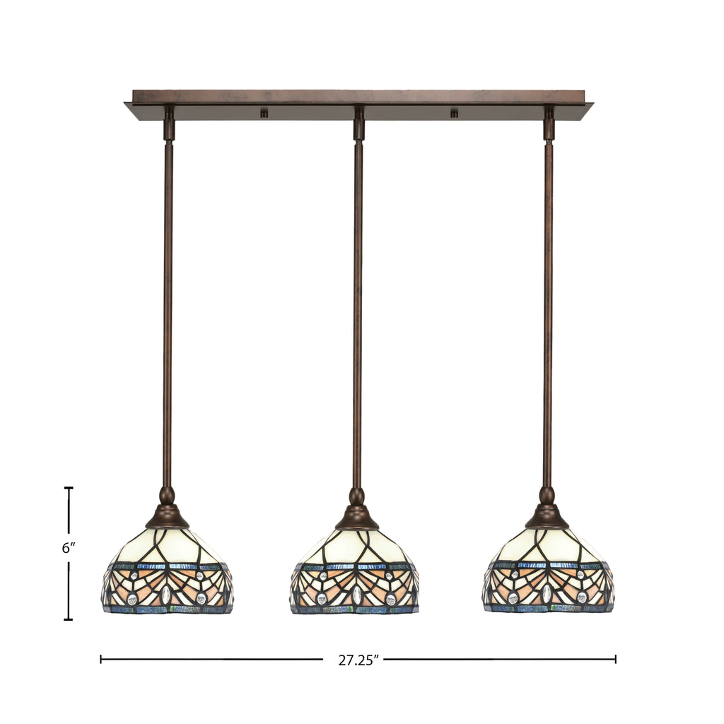 Any Three Light Linear Pendalier in Bronze with 7" Royal Merlot Art Glass Shade