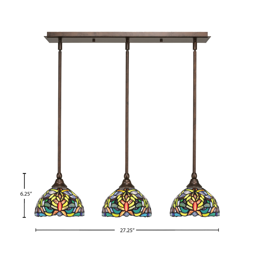 Any Three Light Linear Pendalier in Bronze with 7" Kaleidoscope Art Glass Shade