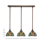 Any Three Light Linear Pendalier in Bronze with 7" Kaleidoscope Art Glass Shade