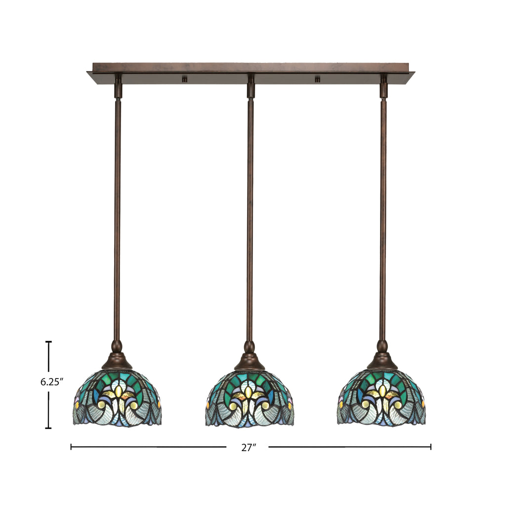 Any Three Light Linear Pendalier in Bronze with 7" Turquoise Cypress Art Glass Shade