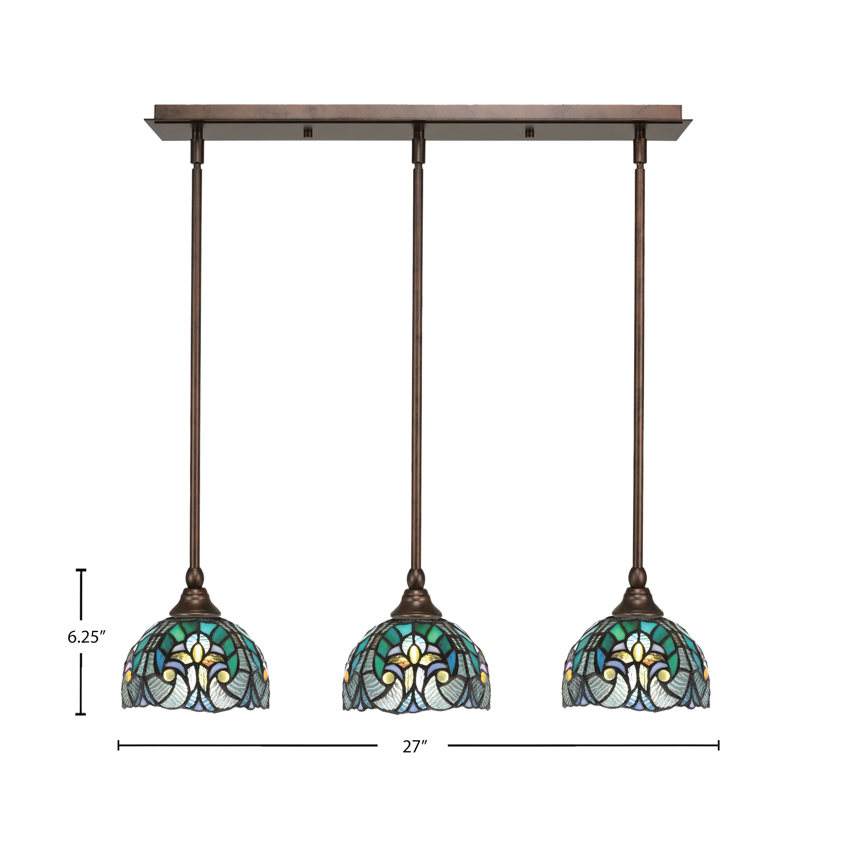 Any Three Light Linear Pendalier in Bronze with 7" Turquoise Cypress Art Glass Shade