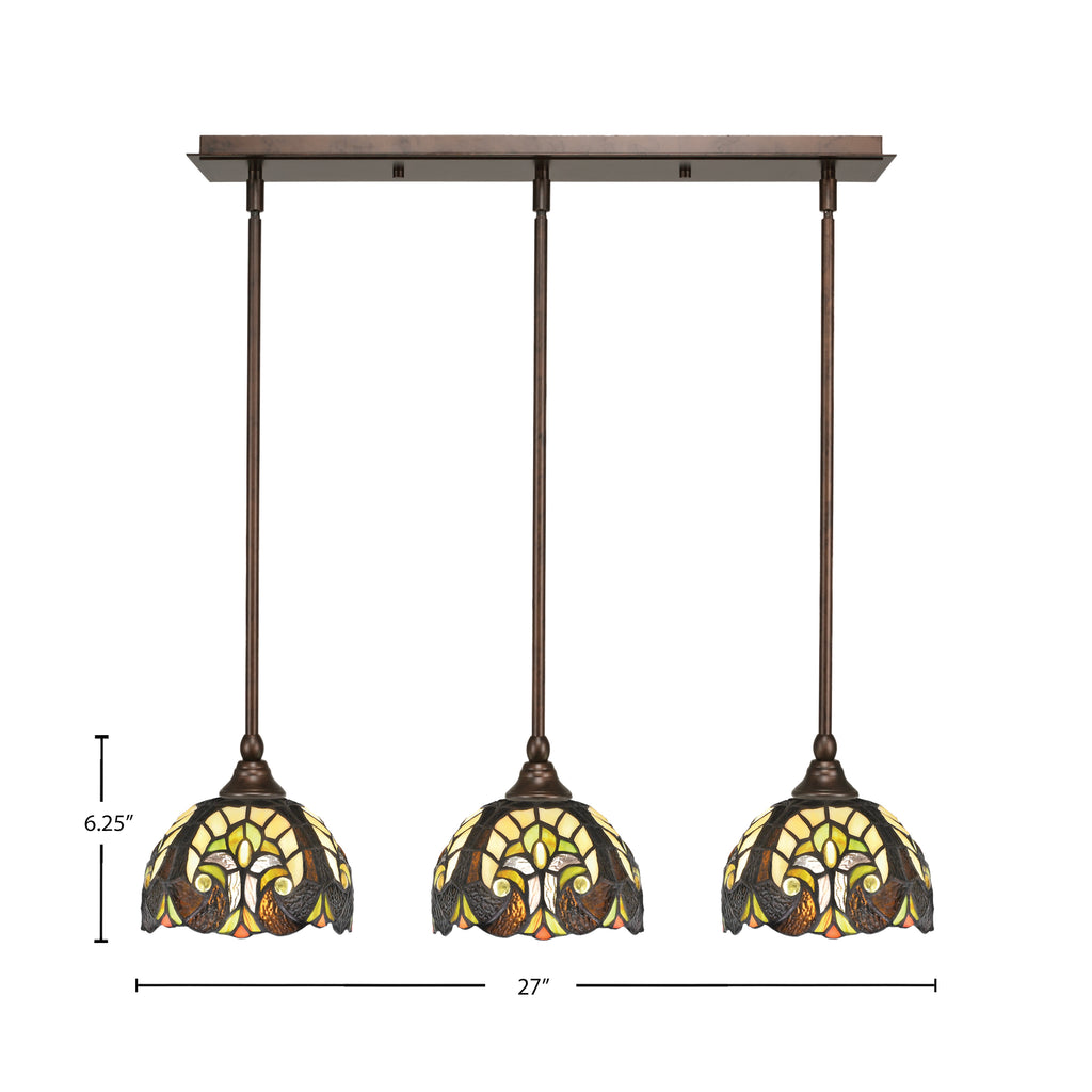 Any Three Light Linear Pendalier in Bronze with 7" Ivory Cypress Art Glass Shade