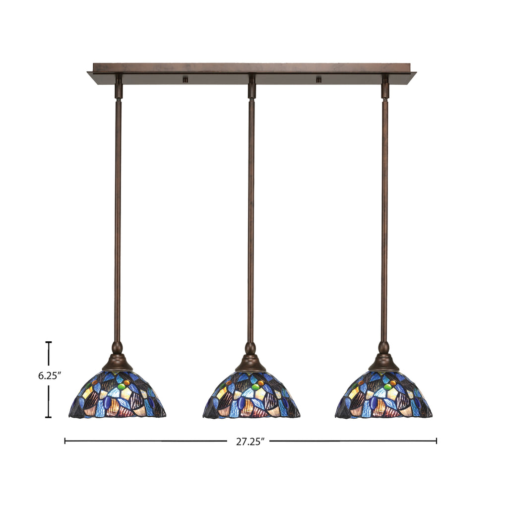Any Three Light Linear Pendalier in Bronze with 7" Blue Mosaic Art Glass Shade