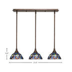 Any Three Light Linear Pendalier in Bronze with 7" Blue Mosaic Art Glass Shade