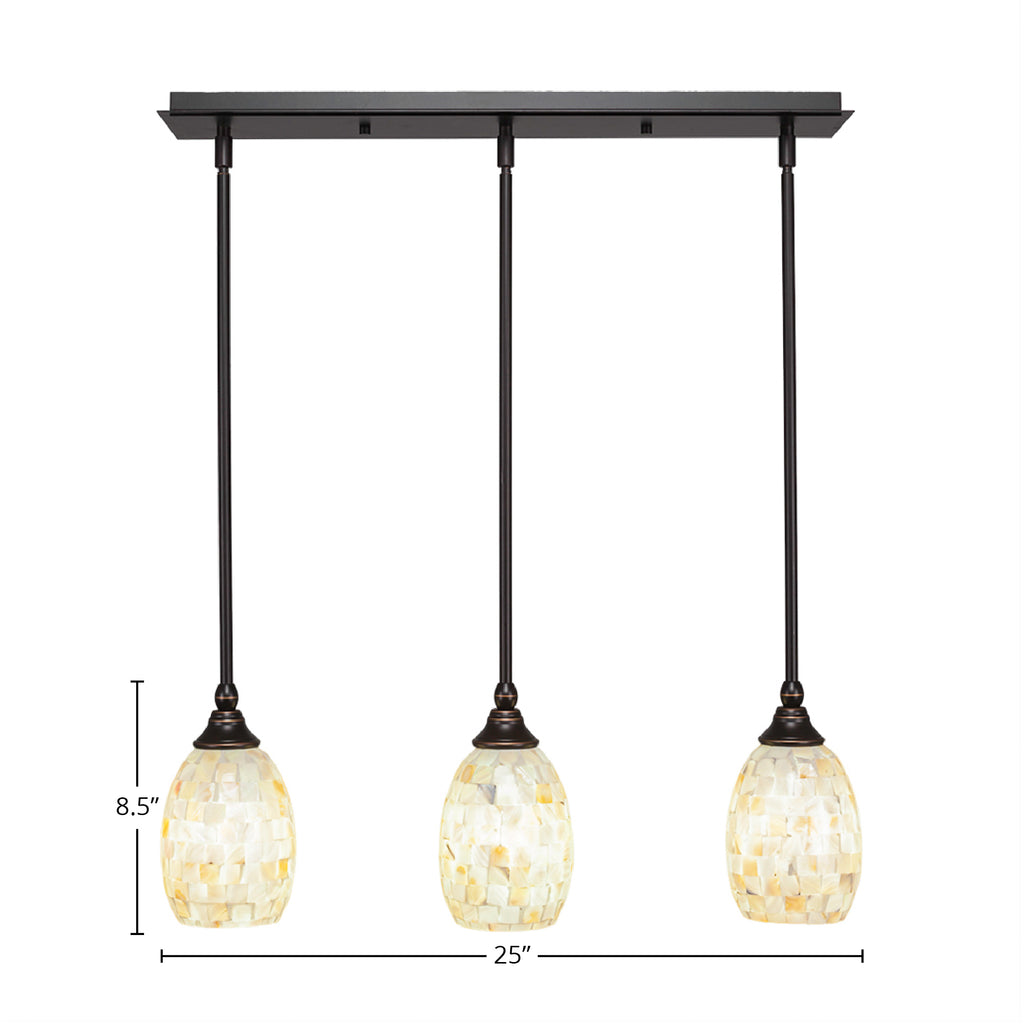 Any Three Light Linear Pendalier in Dark Granite with 5" Ivory Glaze Seashell Shade