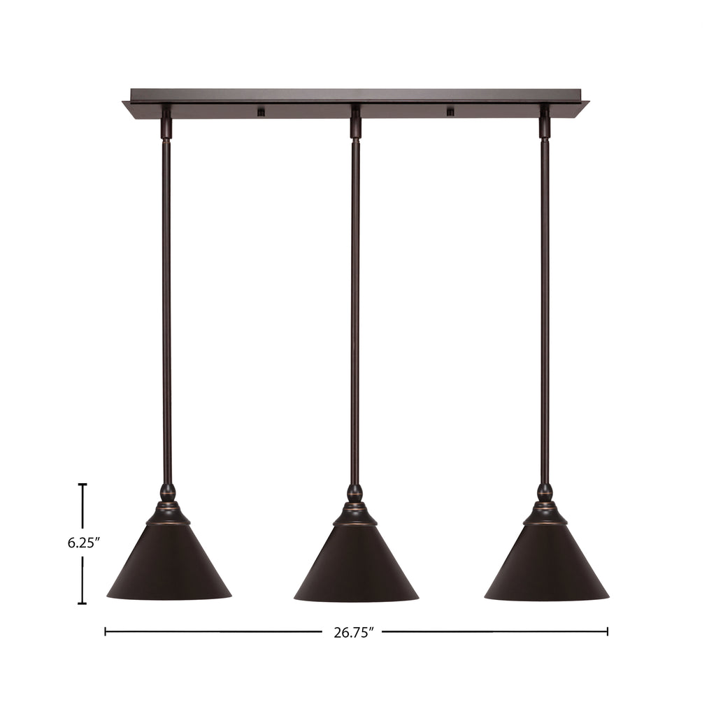 Any Three Light Linear Pendalier in Dark Granite with 7" Dark Granite Cone Metal Shade Shade