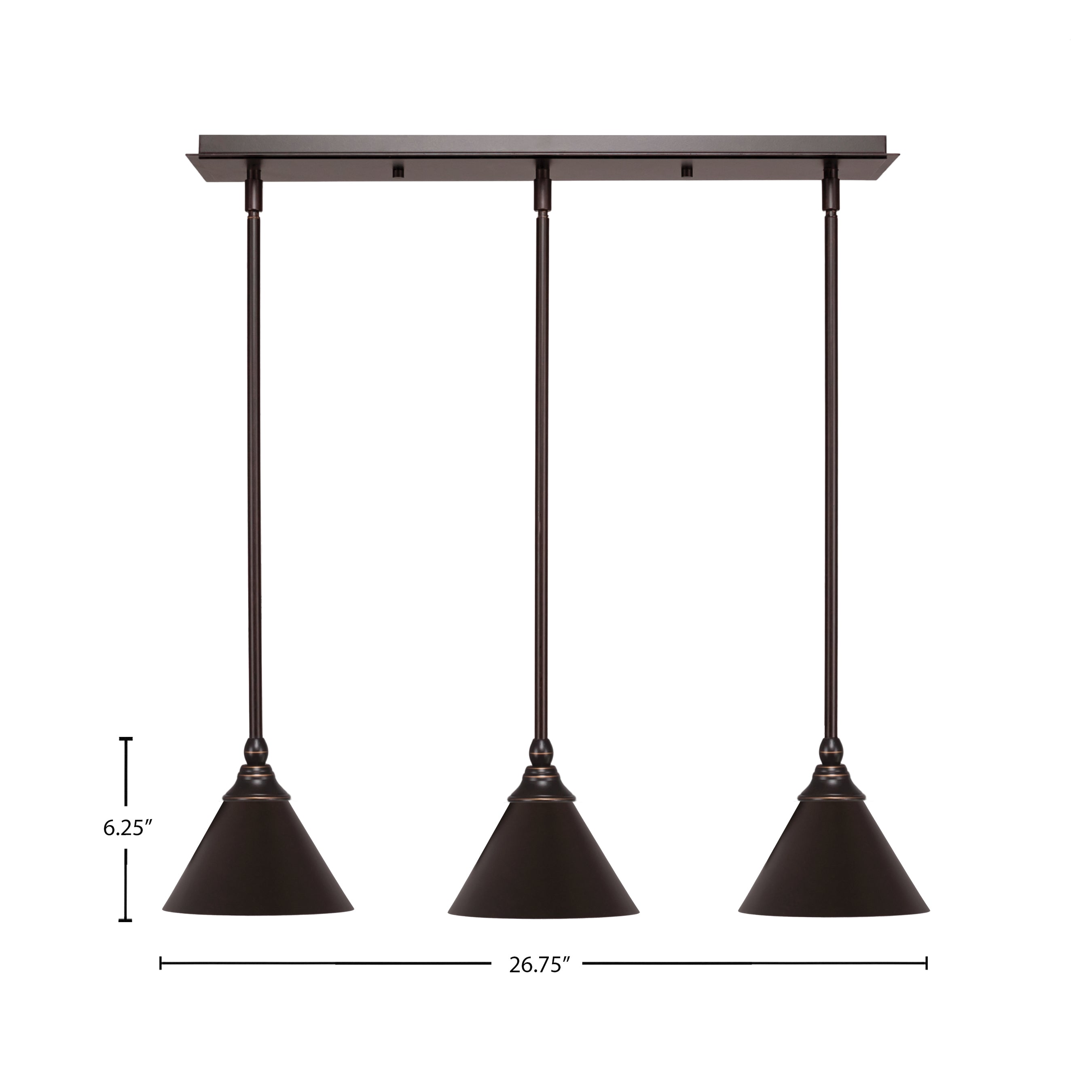Any Three Light Linear Pendalier in Dark Granite with 7" Dark Granite Cone Metal Shade Shade
