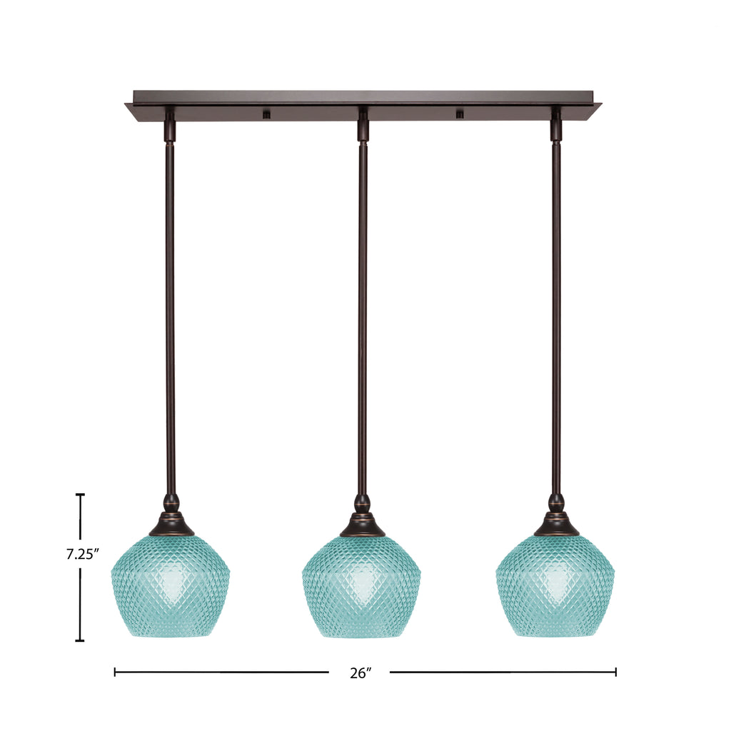 Stem Three Light Linear Pendalier in Dark Granite with Turquoise Textured Shade