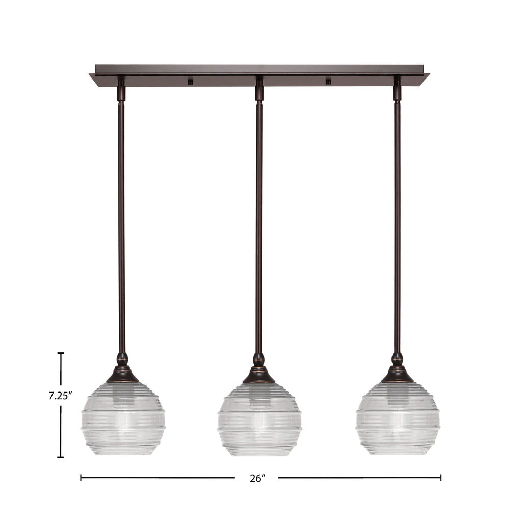 Stem Three Light Linear Pendalier in Dark Granite with Clear Ribbed Shade