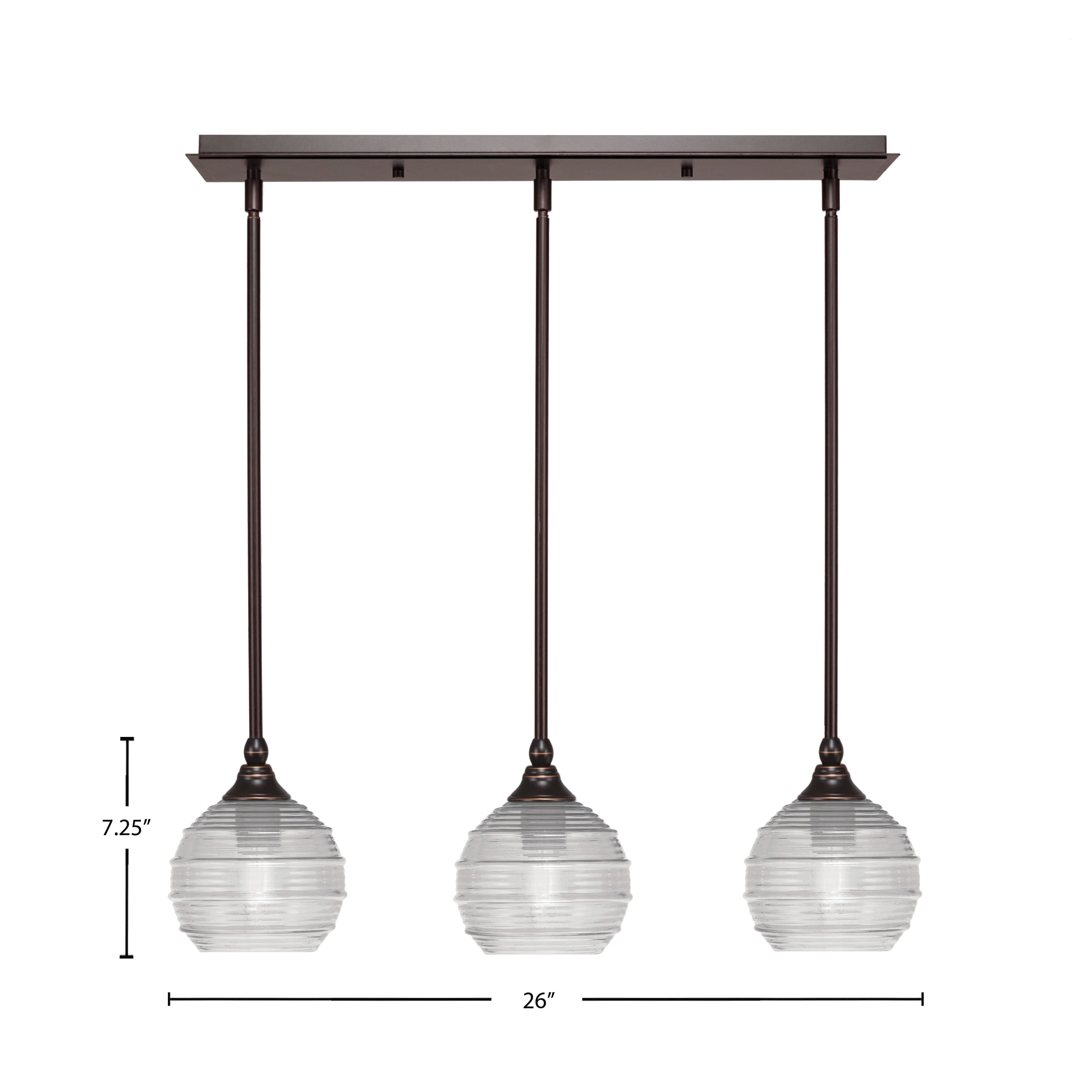 Stem Three Light Linear Pendalier in Dark Granite with Clear Ribbed Shade