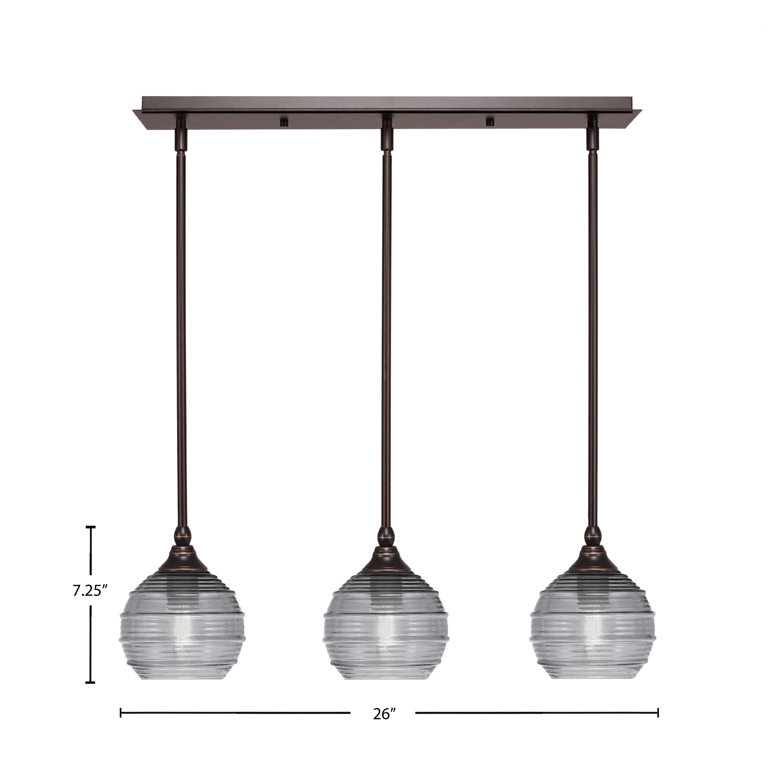 Stem Three Light Linear Pendalier in Dark Granite with Smoke Ribbed Shade