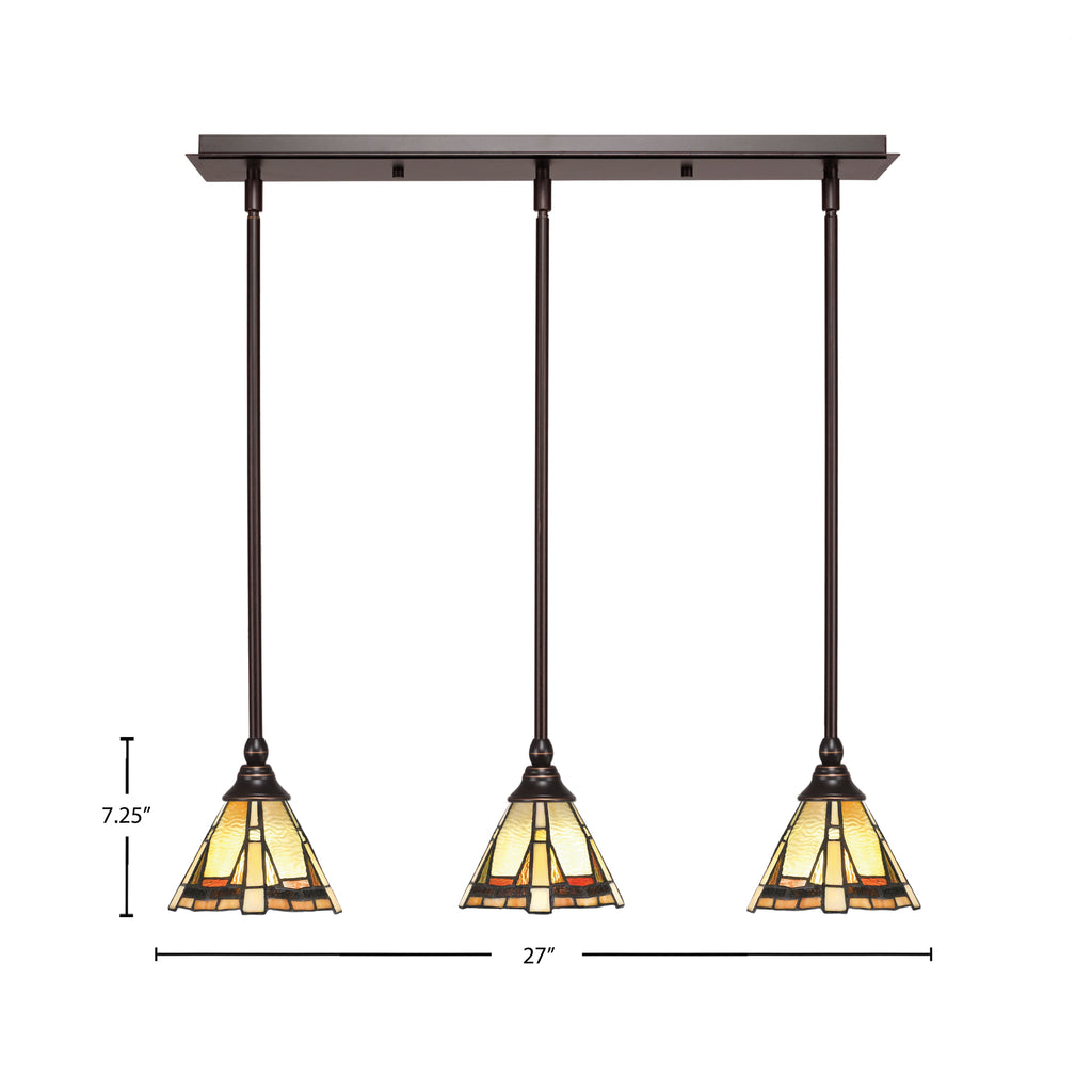 Stem Three Light Linear Pendalier in Dark Granite with Zion Art Glass Shade
