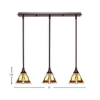 Stem Three Light Linear Pendalier in Dark Granite with Zion Art Glass Shade