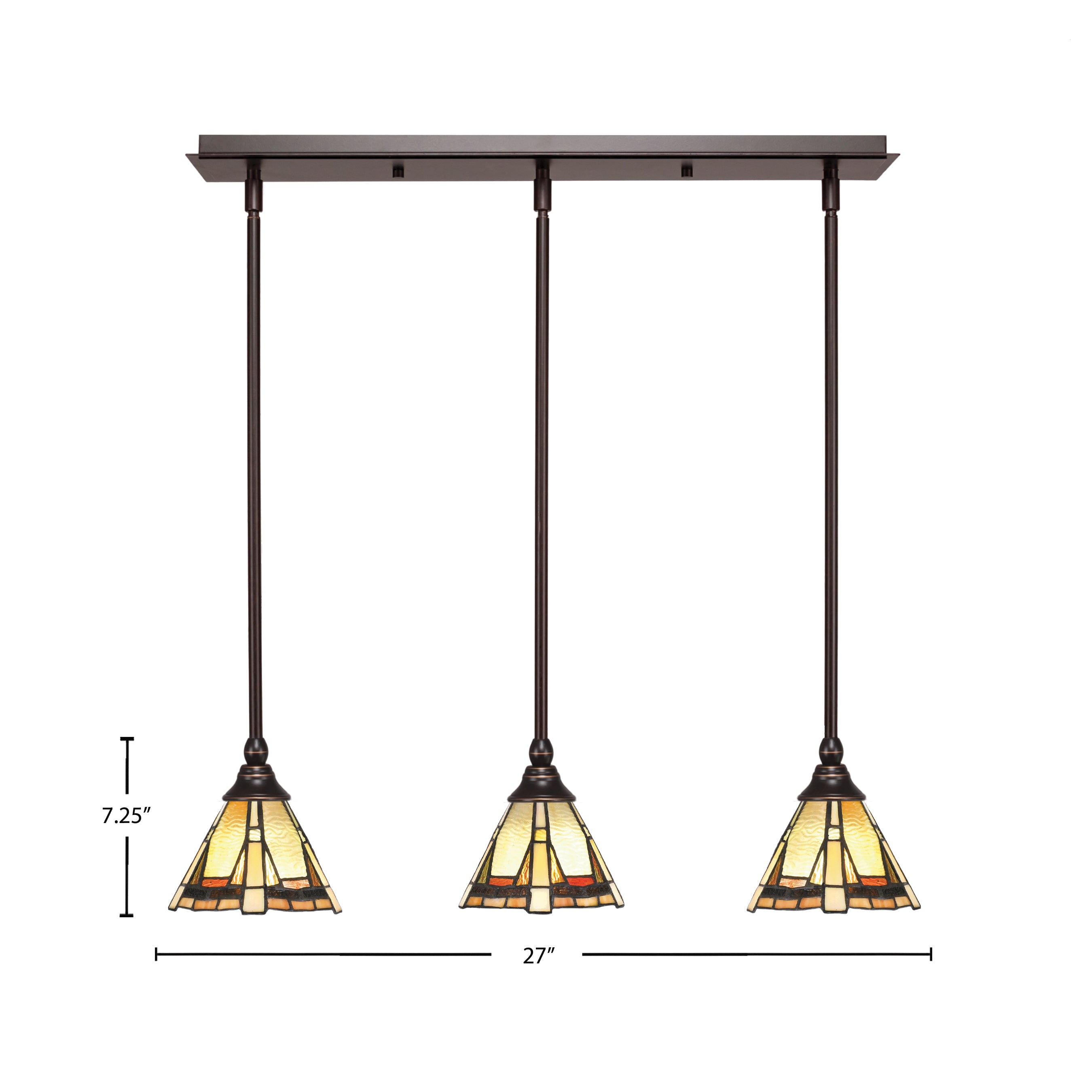 Stem Three Light Linear Pendalier in Dark Granite with Zion Art Glass Shade