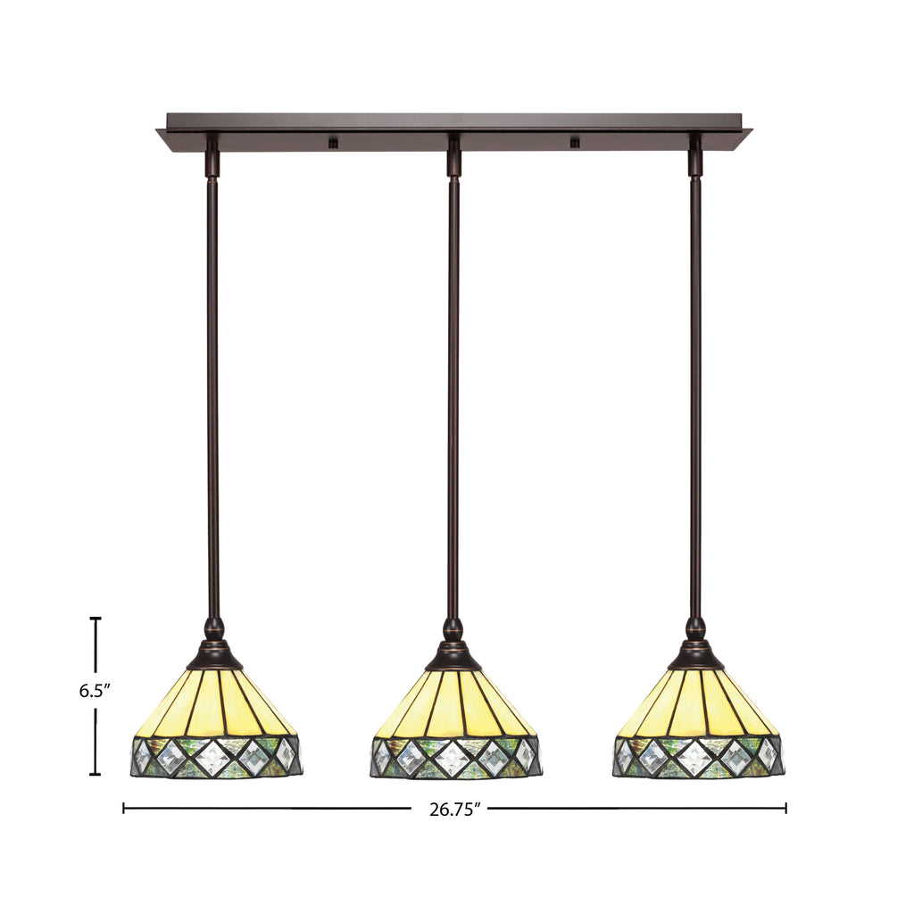 Stem Three Light Linear Pendalier in Dark Granite with Diamond Peak Glass Shade