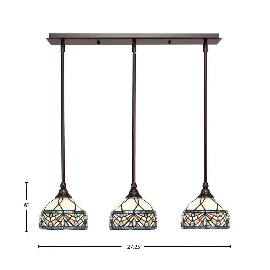 Any Three Light Linear Pendalier in Dark Granite with 7" Royal Merlot Art Glass Shade