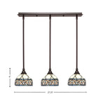 Any Three Light Linear Pendalier in Dark Granite with 7" Royal Merlot Art Glass Shade