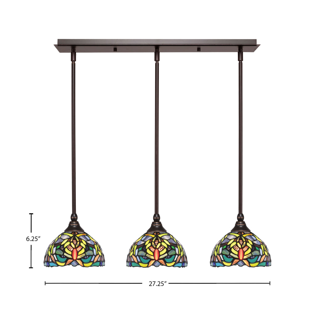 Any Three Light Linear Pendalier in Dark Granite with 7" Kaleidoscope Art Glass Shade