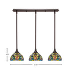 Any Three Light Linear Pendalier in Dark Granite with 7" Kaleidoscope Art Glass Shade