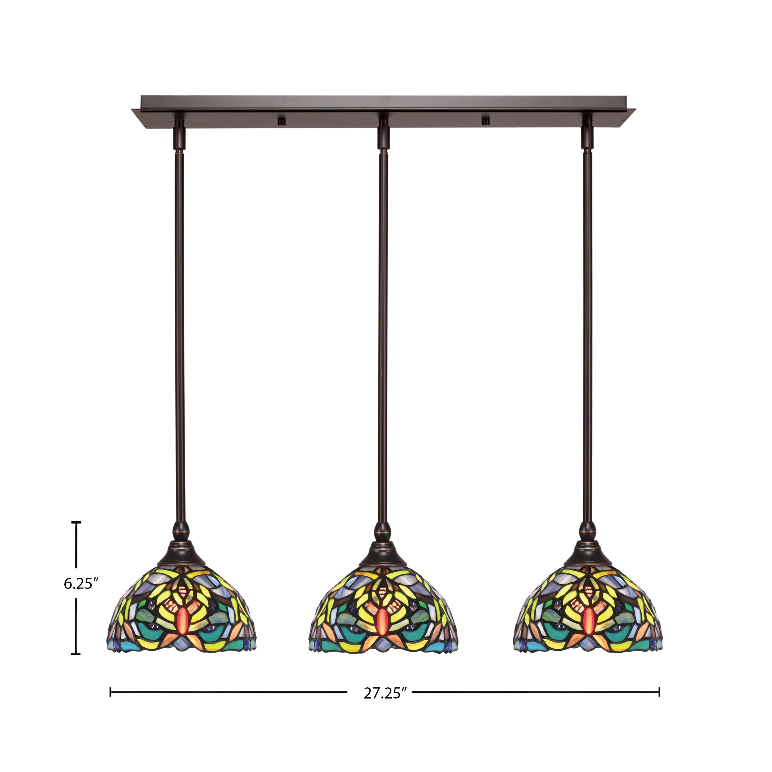 Any Three Light Linear Pendalier in Dark Granite with 7" Kaleidoscope Art Glass Shade