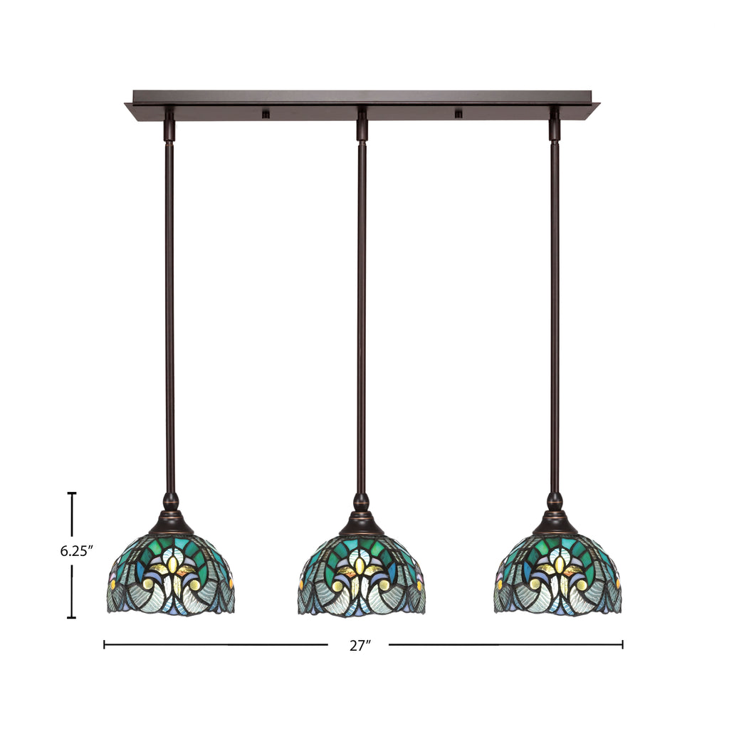 Any Three Light Linear Pendalier in Dark Granite with 7" Turquoise Cypress Art Glass Shade