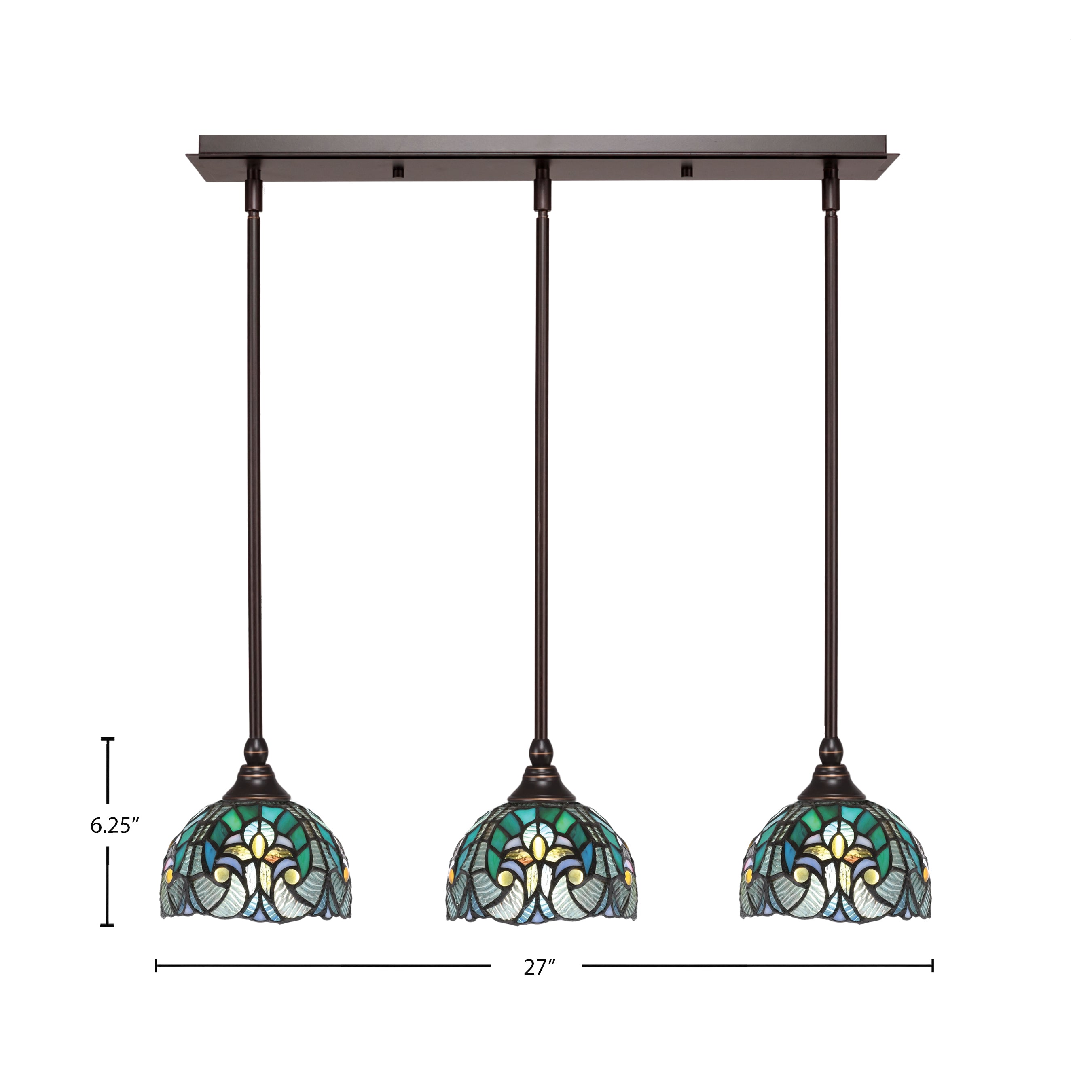 Any Three Light Linear Pendalier in Dark Granite with 7" Turquoise Cypress Art Glass Shade