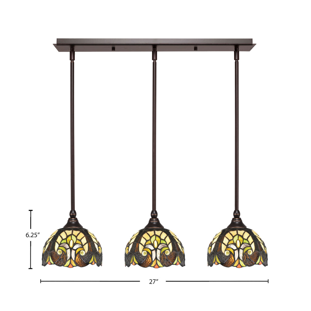 Any Three Light Linear Pendalier in Dark Granite with 7" Ivory Cypress Art Glass Shade