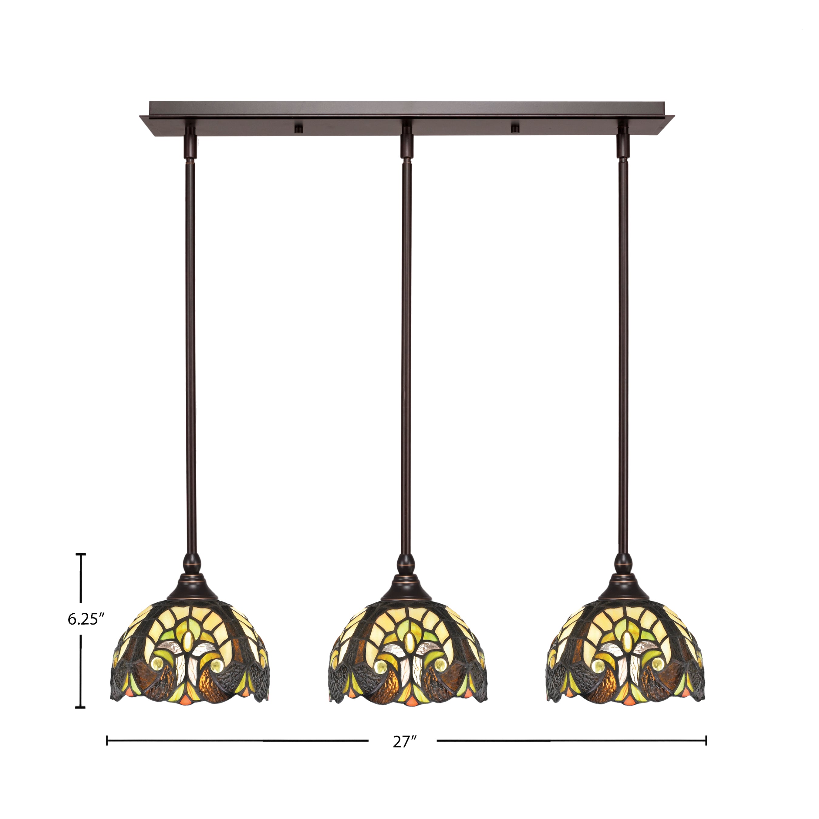 Any Three Light Linear Pendalier in Dark Granite with 7" Ivory Cypress Art Glass Shade
