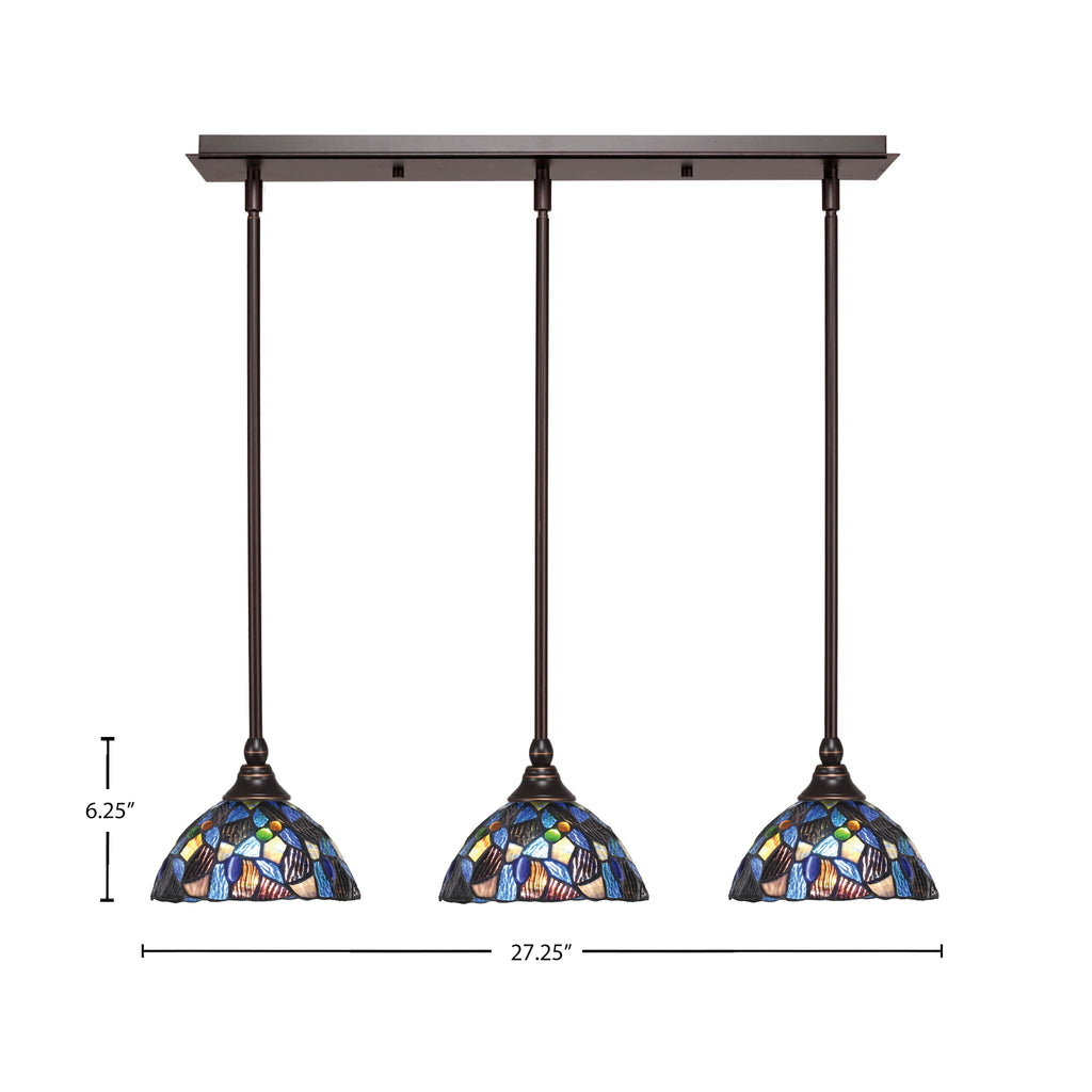 Any Three Light Linear Pendalier in Dark Granite with 7" Blue Mosaic Art Glass Shade
