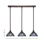 Any Three Light Linear Pendalier in Dark Granite with 7" Blue Mosaic Art Glass Shade