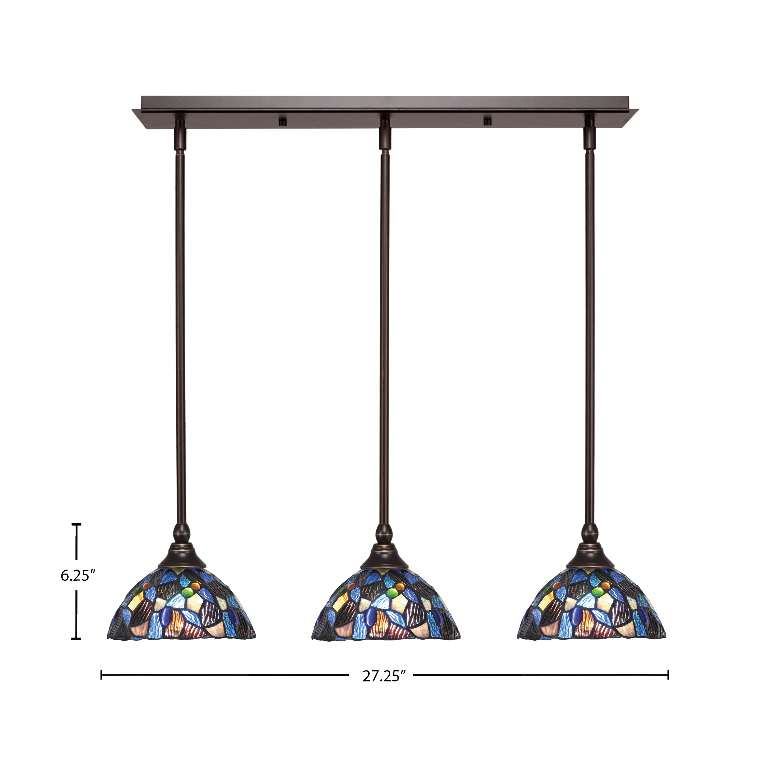 Any Three Light Linear Pendalier in Dark Granite with 7" Blue Mosaic Art Glass Shade