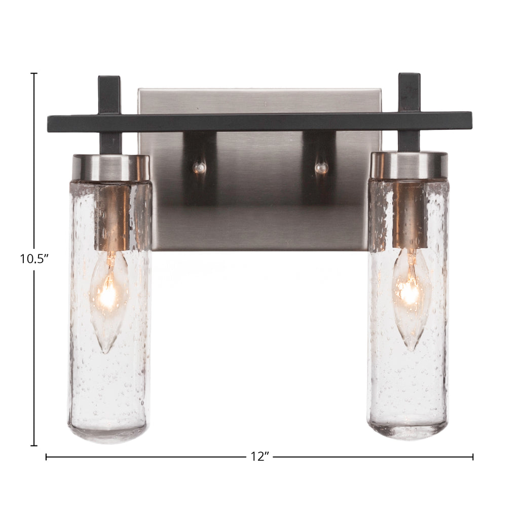 Salinda Two Light Bath Bar in Matte Black & Brushed Nickel with 2.5" Clear Bubble Shade