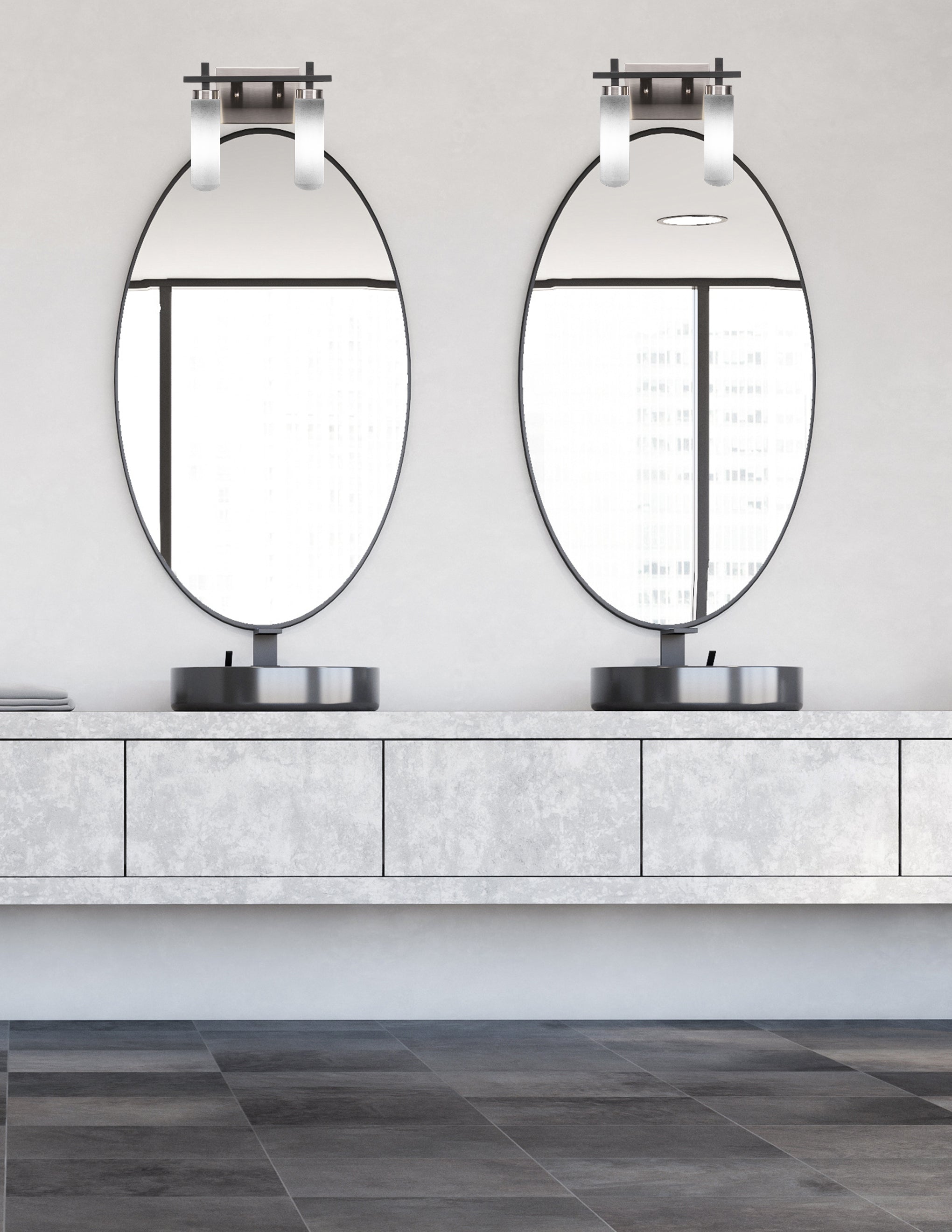 Salinda Two Light Bath Bar in Matte Black & Brushed Nickel with 2.5" White Muslin Shade