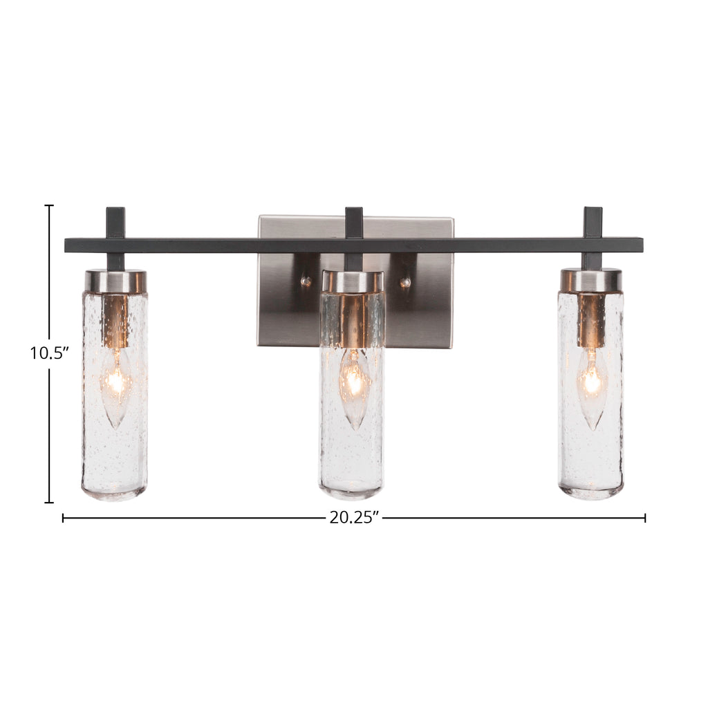 Salinda Three Light Bath Bar in Matte Black & Brushed Nickel with 2.5" Clear Bubble Shade