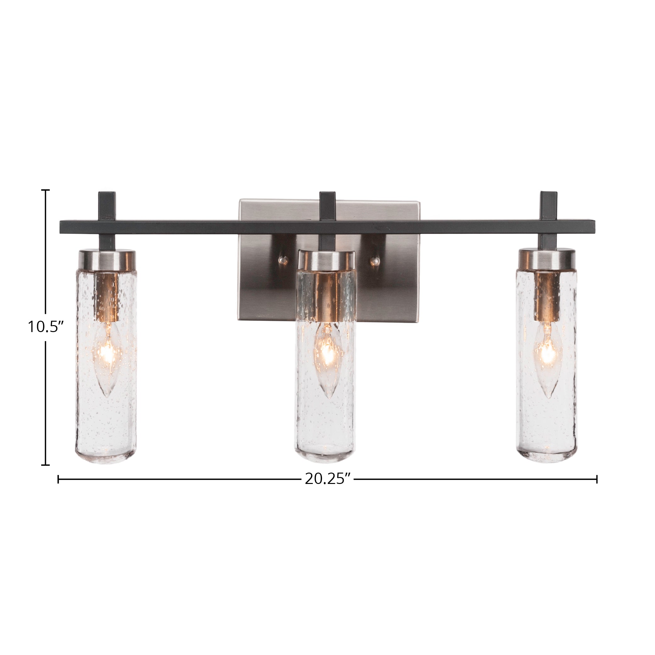 Salinda Three Light Bath Bar in Matte Black & Brushed Nickel with 2.5" Clear Bubble Shade