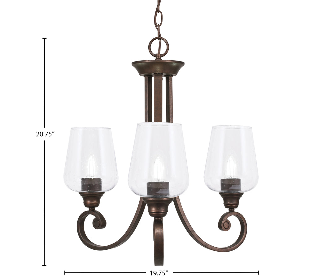 Curl Three Light Chandelier in Bronze with 5" Clear Bubble Shade