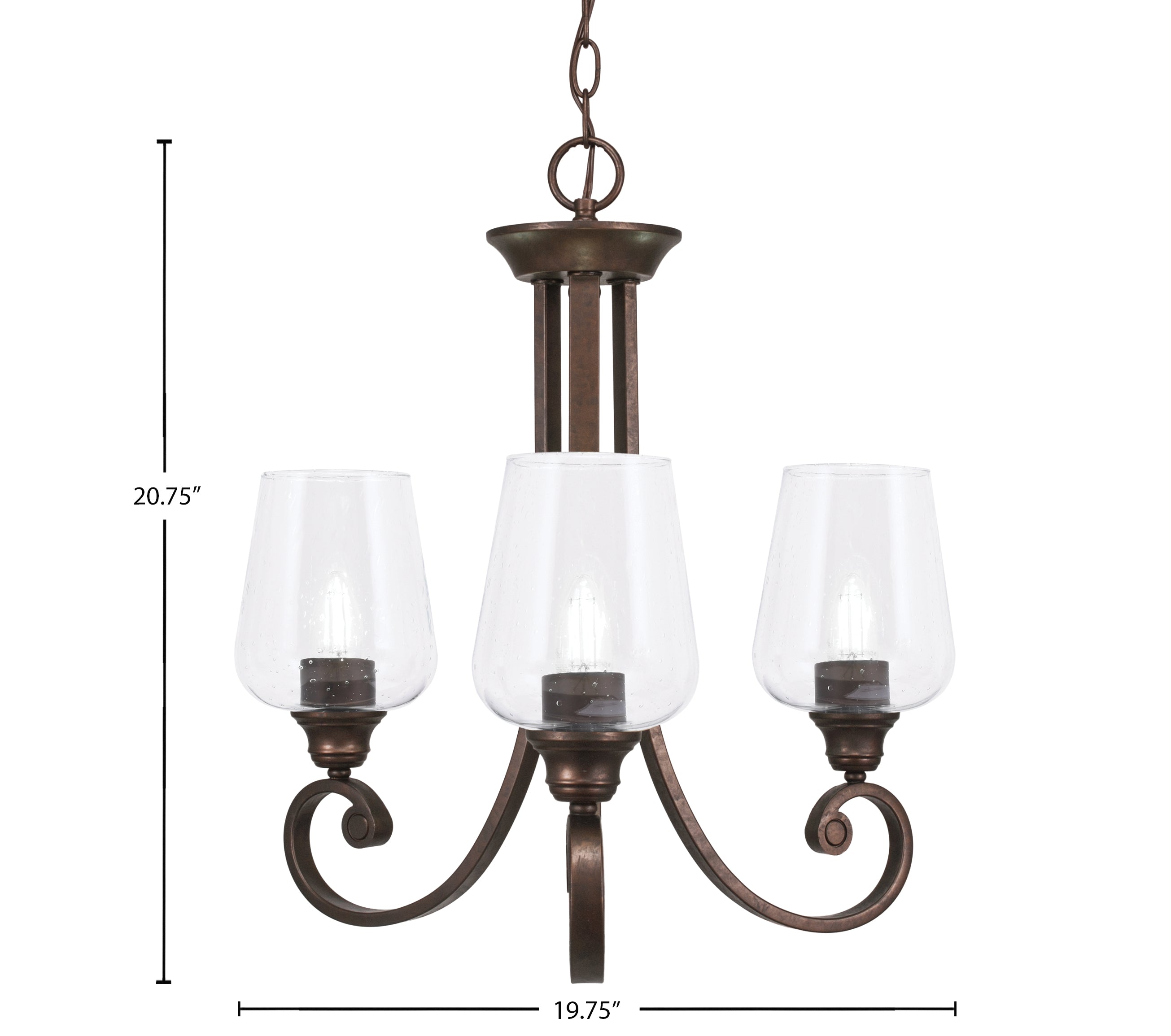 Curl Three Light Chandelier in Bronze with 5" Clear Bubble Shade