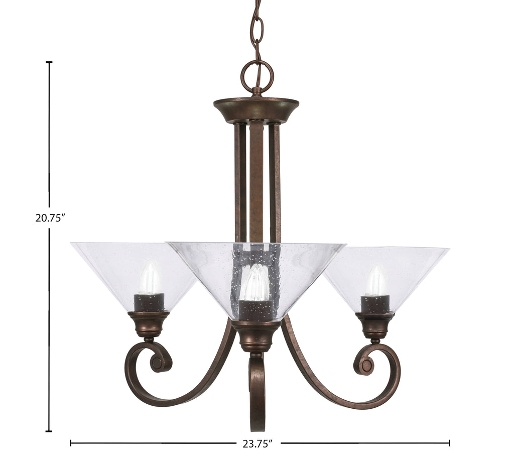 Curl Three Light Chandelier in Bronze with 10" Clear Bubble Shade