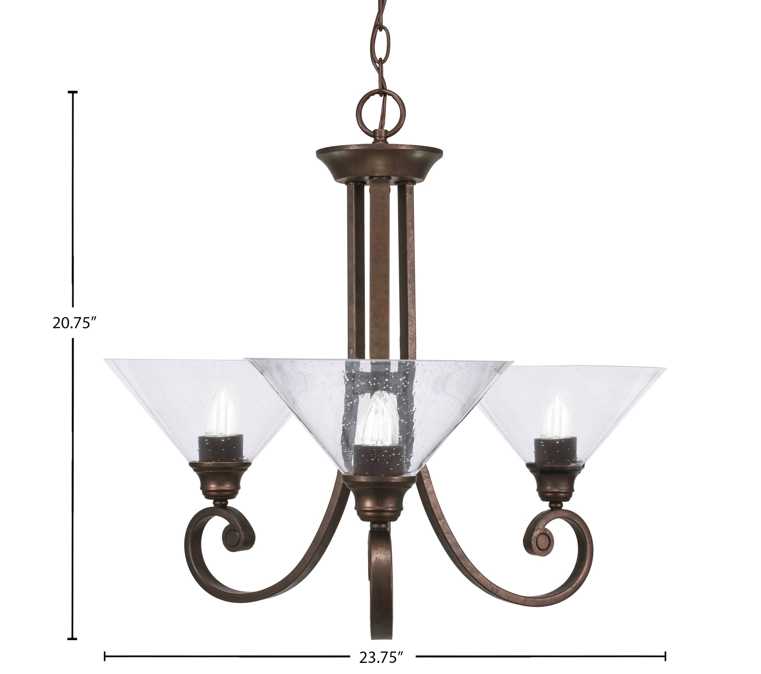 Curl Three Light Chandelier in Bronze with 10" Clear Bubble Shade